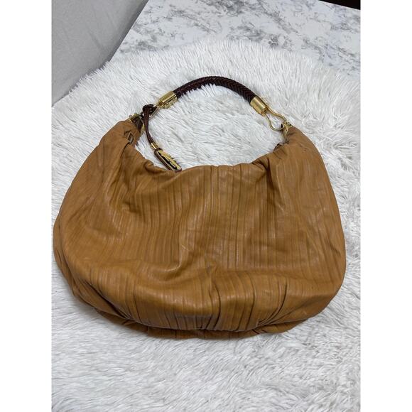 Michael Kors Women's Skorpios Crescent Hobo Tan Leather Handbag Braided Handle - Picture 4 of 11